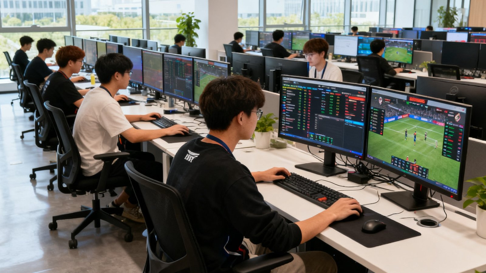 虎扑电竞上海张江办公室的开放工位区域，宽敞明亮的大空间里年轻的数据分析师们正在多屏工作站前追踪赛事数据