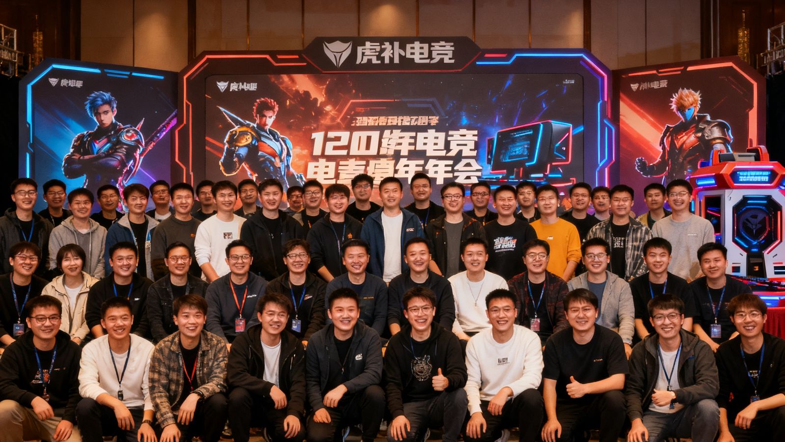虎扑电竞核心团队成员在2024年公司年会上的合影，120多位员工在电竞主题年会现场绽放笑容